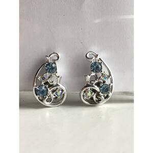 Blue Rhinestone Clip On Earrings AB Stones